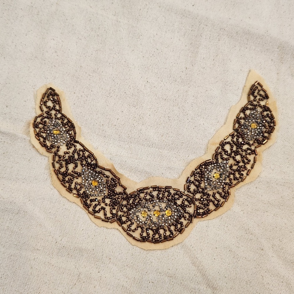 Vintage Beaded Neckline Collar Applique Trim Gold Bronze Amber Costume Sewing